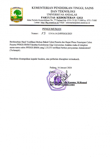 [PENGUMUMAN] SELEKSI ADMINISTRASI CALON PESERTA PPDGS FKG UNAND PERIODE FEBRUARI 2025